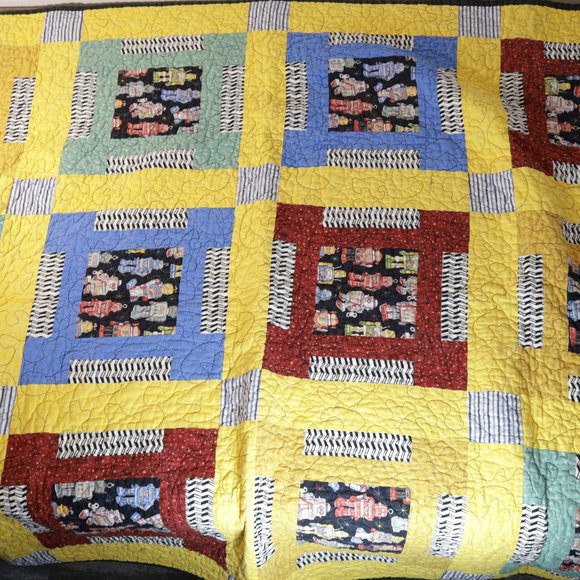 Vintage Antique Hand Made Robot Quilt Blanket 5x6 - Picture 9 of 13